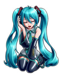 Rule 34 | alvares, aqua hair, between legs, black thighhighs, closed eyes, detached sleeves, hand between legs, hatsune miku, headphones, headset, long hair, microphone, necktie, open mouth, pleated skirt, seiza, simple background, sitting, skirt, solo, thighhighs, twintails, very long hair, vocaloid, white background, zettai ryouiki