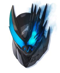 Rule 34 | 2022, armor, asymmetry, black armor, blue eyes, commentary, english commentary, fusion, glowing, glowing eyes, head, highres, jaaku revice, kamen rider, kamen rider revi, kamen rider revice, kamen rider vice, possessed, profile, signature, spikes, spoilers, to ze, watermark, white background