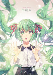 Rule 34 | 1girl, black skirt, blush, character name, green eyes, green hair, hair ribbon, hatsune miku, highres, long hair, long sleeves, looking at viewer, parted lips, red ribbon, ribbon, skirt, solo, twintails, upper body, very long hair, vocaloid, yohan12