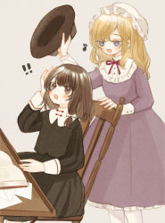 Rule 34 | !, !!, 2girls, :d, :o, black shirt, black skirt, blonde hair, blouse, blush, book, bow, brown eyes, brown hair, chair, commentary, dress, eighth note, fedora, frilled dress, frilled shirt collar, frills, hand on own head, hat, unworn hat, hat theft, unworn headwear, highres, holding, holding clothes, holding hat, long sleeves, looking at another, looking up, maribel hearn, medium hair, mob cap, multiple girls, musical note, neck ribbon, open book, open mouth, paper, purple dress, purple eyes, red ribbon, ribbon, shirt, sitting, skirt, smile, surprised, table, touhou, usami renko, white bow, white legwear, yujup