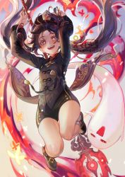 Rule 34 | 1girl, arms up, black headwear, black shirt, black shorts, boo tao (genshin impact), brown hair, fire, full body, genshin impact, ghost, hat, highres, hu tao (genshin impact), jewelry, long sleeves, looking at viewer, open mouth, oyakorodesu, polearm, red eyes, ring, shirt, shorts, smile, symbol-shaped pupils, twintails, weapon