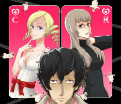 Rule 34 | 1boy, 2girls, atlus, bad id, bad pixiv id, blonde hair, blue eyes, breasts, card, catherine, catherine (game), choker, cleavage, drill hair, glasses, hiramoto1208, katherine mcbride, long hair, multiple girls, sheep, sweatdrop, sweater, twin drills, twintails, vincent brooks