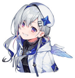 Rule 34 | 1girl, :d, amane kanata, amane kanata (work), angel wings, artist name, beret, black dress, blue hair, collar, drawstring, dress, frilled collar, frills, grey hair, grin, hair ornament, hairclip, hat, hololive, hood, hood down, hooded jacket, jacket, jewelry, looking at viewer, multicolored hair, necklace, ninomae ina&#039;nis (artist), official alternate costume, open mouth, purple eyes, signature, simple background, smile, solo, star (symbol), star hair ornament, star necklace, teeth, twintails, two-tone hair, upper body, virtual youtuber, white background, white hat, white jacket, wings