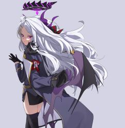 Rule 34 | 1girl, adjusting clothes, adjusting gloves, black gloves, black skirt, black thighhighs, blue archive, closed mouth, coat, coat on shoulders, commentary, feet out of frame, frown, gloves, grey hair, halo, highres, hina (blue archive), horns, jacket, ken rqll, long hair, long sleeves, looking at viewer, looking back, low wings, miniskirt, purple eyes, side slit, skirt, solo, thighhighs, walking, wings