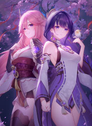 Rule 34 | 2girls, animal ears, bare shoulders, bird, blush, braid, breasts, bridal gauntlets, cleavage, cosplay, costume switch, detached sleeves, earrings, fox ears, genshin impact, grin, hair ornament, highres, japanese clothes, jewelry, kimono, large breasts, lightria, long hair, long sleeves, looking at viewer, low-braided long hair, low-tied long hair, mole, mole under eye, multiple girls, necklace, obi, off shoulder, pendant, pink hair, purple eyes, purple hair, purple kimono, raiden shogun, raiden shogun (cosplay), red skirt, revision, sash, shrug (clothing), sidelocks, skirt, sleeveless, smile, solo focus, very long hair, wide sleeves, yae miko, yae miko (cosplay)