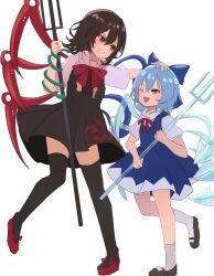 Rule 34 | 2girls, ;d, absurdres, asymmetrical wings, black footwear, black hair, black thighhighs, blue bow, blue dress, blue eyes, blue hair, blue wings, bow, bowtie, cirno, commentary request, detached sleeves, dress, hair bow, headpat, highres, holding, holding polearm, holding weapon, houjuu nue, ice, ice wings, looking at another, mikan (manmarumikan), multiple girls, one eye closed, open mouth, polearm, red bow, red bowtie, red eyes, red footwear, red wings, short hair, short sleeves, simple background, smile, snake armband, socks, standing, standing on one leg, thighhighs, touhou, trident, weapon, white background, white socks, wings