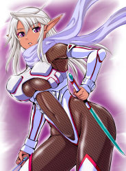 Rule 34 | 1girl, armor, armpits, ass, black scarf, black thighhighs, blue eyes, breastplate, breasts, cleavage cutout, clothing cutout, cowboy shot, dark-skinned female, dark elf, dark skin, detached sleeves, elf, groin, highleg, highres, holding, holding weapon, kumoi takashi, large breasts, long hair, looking at viewer, midriff, navel, ninja, ninjatou, original, parted lips, pointy ears, revealing clothes, scarf, short sword, sidelocks, solo, stomach, sword, thighhighs, underboob, weapon, white hair