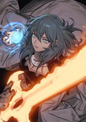 Rule 34 | 1girl, blue eyes, blue hair, breasts, byleth (female) (fire emblem), byleth (fire emblem), cleavage, cleavage cutout, cloak, clothing cutout, energy, fire emblem, fire emblem: three houses, glowing, glowing sword, glowing weapon, grey cloak, hair between eyes, highres, holding, holding sword, holding weapon, ikarin, nintendo, pantyhose, pantyhose under shorts, short hair, shorts, solo, sword, sword of the creator, weapon
