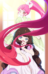 Rule 34 | 2girls, blue eyes, bow, brown hair, commentary request, dress, enouchi ai, green dress, hair bow, holding another&#039;s hair, indoors, knees up, kurosu aroma, long hair, looking at viewer, looking back, multiple girls, ponytail, pretty series, pripara, red hair, shiratama mikan, sitting, skirt hold, smile, standing, sunlight, very long hair, white bow, white dress, window
