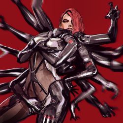 Rule 34 | 1girl, bad id, bad tumblr id, bodysuit, grabbing another&#039;s breast, breast hold, breasts, covering privates, covering crotch, cyborg, dark skin, dark-skinned female, extra arms, grabbing, grabbing own breast, hair over one eye, ilya kuvshinov, lipstick, long hair, makeup, metal gear (series), metal gear rising: revengeance, mistral (metal gear rising), red background, red hair, grabbing own breast, solo