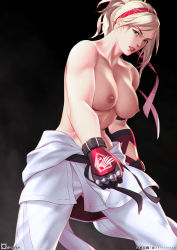 Rule 34 | 1girl, armband, artist name, belt, black belt, blonde hair, blue eyes, breasts, clenched hands, clothes around waist, collarbone, dark nipples, detached sleeves, dougi, fighting stance, gloves, hairband, highres, jacket, jacket around waist, karate, karate gi, large breasts, lidia sobieska, lips, looking at viewer, martial arts belt, mismatched eyebrows, muscular, muscular female, namco, navel, nipples, orihalchon, pants, ponytail, red hairband, scar, scar across eye, single detached sleeve, solo, studded gloves, teeth, tekken, tekken 7, thick eyebrows, topless, white pants