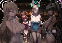 Rule 34 | 4girls, akane (blue archive), akane (bunny) (blue archive), animal ears, asuna (blue archive), asuna (bunny) (blue archive), bar (place), bare shoulders, blue archive, bow, bowtie, breasts, brown pantyhose, cleavage, detached collar, fake animal ears, fishnet pantyhose, fishnets, glasses, gloves, hair over one eye, halo, highres, karin (blue archive), karin (bunny) (blue archive), large breasts, leotard, looking at viewer, mole, mole on breast, multiple girls, neru (blue archive), neru (bunny) (blue archive), official alternate costume, pantyhose, playboy bunny, rabbit ears, sideboob, sitting, standing, sunkilow, white gloves, wrist cuffs