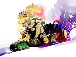 Rule 34 | 1girl, ankle band, armlet, barefoot, black nails, blonde hair, blue eyes, bowser logo, bowsette, bracelet, breasts, cleavage, evil grin, evil smile, go-kart, green shell (mario), grin, horns, ikuhana niiro, jewelry, kart, long hair, mario (series), mario kart, mario kart 7, new super mario bros. u deluxe, nintendo, smile, solo, spiked armlet, spiked bracelet, spiked shell, spiked wristband, spikes, super crown, tagme, thigh bands