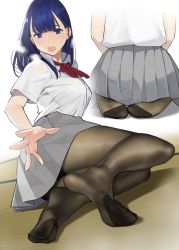 Rule 34 | 1girl, black pantyhose, blue eyes, blue hair, blunt bangs, blush, breasts, breath, collared shirt, commentary request, feet, from behind, full body, grey skirt, highres, large breasts, legs, looking at viewer, medium hair, miru tights, mole, mole under eye, multiple views, nakabeni yua, neckerchief, no nose, open mouth, pantyhose, red neckerchief, school uniform, seiza, shirt, short sleeves, simple background, sitting, skirt, soles, sweat, tears, white background, white shirt, wooden floor, yomu (sgt epper)