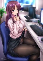 Rule 34 | 1girl, black pantyhose, black skirt, breasts, cactus, chair, cleavage, clothes lift, covered erect nipples, dated, finger to mouth, impossible clothes, impossible shirt, kamogawa tanuki, keyboard (computer), large breasts, lifted by self, long hair, long sleeves, monitor, mouse (computer), office, office chair, office lady, original, panties, panties under pantyhose, pantyhose, parted bangs, phone, plant, potted plant, purple eyes, purple hair, shirt, shushing, signature, sitting, skirt, skirt lift, solo, swivel chair, thighband pantyhose, thighs, twitter username, underwear, window