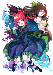 Rule 34 | 2girls, :d, :o, ahoge, animal ear fluff, animal ears, arm cannon, black bow, black dress, black footwear, black ribbon, blunt bangs, blush, bow, braid, brown hair, cat ears, cat tail, commentary, control rod, dress, fang, footwear bow, frilled dress, frills, full body, green bow, green skirt, hair bow, highres, hitodama, juliet sleeves, kaenbyou rin, leg ribbon, long hair, long sleeves, looking at viewer, mary janes, multiple girls, multiple tails, neck ribbon, omochishiki, open mouth, orange eyes, puffy sleeves, red eyes, red hair, red ribbon, reiuji utsuho, ribbon, shirt, shoes, short sleeves, skin fang, skirt, smile, tail, third eye, touhou, twin braids, two tails, weapon, white shirt