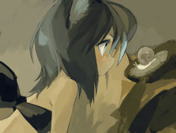 Rule 34 | 1girl, animal, animal ear fluff, animal ears, bandeau, bare shoulders, black bandeau, blue eyes, closed mouth, commentary request, grey hair, hair between eyes, long hair, looking away, original, pappii (paprika shikiso), paprika shikiso, profile, snail, solo, upper body