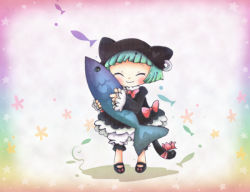 Rule 34 | 1girl, animal ears, animal hat, cat ears, cat girl, cat hat, cat tail, chibi, closed eyes, female focus, fish, full body, gradient background, green hair, hat, orange lore, original, simple background, smile, solo, tail, white background
