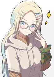 Rule 34 | 1girl, absurdres, adjusting eyewear, beads, blonde hair, blue eyes, blue hair, brown hoodie, brown shirt, check commentary, commentary request, forehead, gradient hair, hair ornament, hairclip, hairpin, highres, hood, hoodie, light smile, link! like! love live!, long hair, looking at viewer, love live!, multicolored hair, multiple hairpins, osawa rurino, parted bangs, plaid, plaid collar, plaid shirt, shirt, simple background, solo, sparkle, upper body, v-shaped eyebrows, white-framed eyewear, white background, zanpon