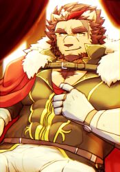 Rule 34 | 1boy, animal ears, bara, beard, brown hair, cape, chest tuft, chinstrap beard, clothes pull, covered abs, crave saga, crown, curtains, facial hair, fur-trimmed cape, fur trim, gauntlets, karaha (crave saga), lion boy, lion ears, looking at viewer, male focus, multicolored hair, muscular, muscular male, nattukre, pants, pectoral cleavage, pectorals, red hair, scar, scar on face, shirt pull, sitting, solo, thick eyebrows, tusks, two-tone hair, white pants