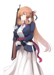 Rule 34 | 10eki (tenchou), 1girl, absurdres, american flag, blazer, blush, bolt action, breasts, brown hair, closed mouth, commentary request, dress, girls&#039; frontline, gloves, green eyes, gun, hair between eyes, hair ribbon, hair rings, highres, holding, holding gun, holding weapon, jacket, large breasts, long hair, long sleeves, looking afar, m1903 springfield, ribbon, rifle, sash, sidelocks, simple background, smile, solo, springfield (girls&#039; frontline), sword, twintails, very long hair, weapon, white background, white dress