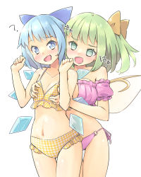 Rule 34 | 2girls, ?, @ @, arnest, bare arms, bare legs, bare shoulders, bikini, blue bow, blue eyes, blue hair, blush, bow, grabbing another&#039;s breast, breasts, cirno, collarbone, commission, cowboy shot, daiyousei, fairy, fairy wings, frilled bikini, frills, grabbing, green eyes, green hair, hair bow, highres, ice, ice wings, large breasts, long hair, multiple girls, navel, o-ring, o-ring bikini, open mouth, plaid, plaid bikini, purple bikini, short hair, side ponytail, simple background, skeb commission, small breasts, swimsuit, touhou, white background, wings, yellow bikini, yuri