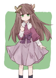 Rule 34 | 1girl, ankle socks, black socks, blunt bangs, blunt ends, border, bow, brown hair, butterfly hair ornament, clenched hand, collared shirt, commentary request, eyelashes, feet out of frame, green background, green eyes, hair ornament, hand on own chest, iris.exe (mega man), layered shirt, long hair, long sleeves, looking at viewer, mega man (series), mega man battle network (series), mega man battle network 6, minoru minoru, parted lips, pink shirt, pleated skirt, puffy long sleeves, puffy sleeves, purple bow, purple skirt, shirt, skirt, socks, solo, straight-on, straight hair, waist bow, white border, white shirt