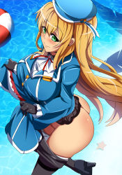 Rule 34 | 10s, 1girl, ass, atago (kancolle), blonde hair, blue hat, bottomless, breasts, clothes pull, green eyes, hat, high heels, highres, kantai collection, large breasts, long hair, magukappu, pantyhose, pantyhose pull, pool, shoes, smile, solo, thighband pantyhose