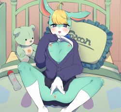 Rule 34 | 1boy, ahoge, animal crossing, anus, anus only, black skirt, blonde hair, blush, furry, furry male, gloves, highres, looking at viewer, lube bottle, male focus, nintendo, niwa (niwa827), on bed, open mouth, rabbit boy, rabbit ears, sasha (animal crossing), skirt, socks, solo, spread legs, stuffed animal, stuffed toy, teddy bear, trap, white gloves