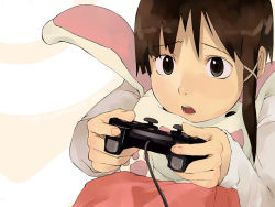 Rule 34 | 1990s (style), 1girl, animal costume, animal ears, brown hair, rabbit ears, controller, game console, game controller, gamepad, hair ornament, hairclip, iwakura lain, playing games, playstation 2, playstation controller, serial experiments lain, solo, video game, yukihiroyuki