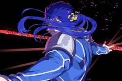 Rule 34 | 1boy, armor, black background, blue bodysuit, bodysuit, cu chulainn (fate), cu chulainn (fate/stay night), fate/stay night, fate (series), from side, gae bolg (fate), hal (haaaalhal), long hair, looking back, male focus, outstretched arms, parted lips, polearm, red eyes, shattered, shoulder armor, simple background, solo, spear, weapon