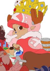 1boy antlers blue_nose box cake candy cape cotton_candy cross crown cup eating food fruit fur-trimmed_cape fur_trim gift gift_box hat highres holding holding_cotton_candy holding_food horns looking_back male_focus mandarin_orange meat mug one_piece pink_cape pink_hat reindeer_antlers simple_background skull_and_crossbones soda_bottle solo strawberry_shortcake temmye_001 tony_tony_chopper white_background