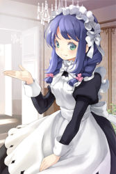 Rule 34 | 1girl, apron, braid, chandelier, comet (teamon), green eyes, hair ribbon, komes, light smile, long hair, lowres, maid, maid apron, maid headdress, open mouth, outstretched hand, purple hair, ribbon, seron (sword girls), smile, solo, sword girls, twin braids