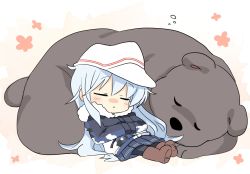 Rule 34 | 1girl, bear, black pantyhose, blue skirt, camouflage, closed eyes, commentary request, hands on own chest, hibiki (kancolle), highres, hizuki yayoi, jacket, kantai collection, long hair, pantyhose, pleated skirt, silver hair, sitting, skirt, sleeping, verniy (kancolle), white headwear