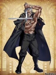 Rule 34 | 1boy, abs, bara, beard, belt, character request, coat, coat on shoulders, commission, cross, cross necklace, dagger, dark-skinned male, dark skin, dual wielding, facial hair, frown, full body, grey hair, holding, holding dagger, holding knife, holding sword, holding weapon, houjoh (7th-heaven), jewelry, knife, looking at viewer, male focus, mature male, muscular, muscular male, navel, necklace, nipples, no shirt, obliques, old, old man, pants, pectorals, serious, short hair, solo, standing, stomach, sword, thick eyebrows, weapon, wrinkled skin