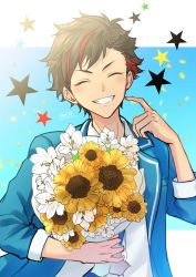 Rule 34 | 1boy, ^ ^, absurdres, artist name, asymmetrical bangs, black hair, blue background, blue jacket, blush, bouquet, closed eyes, collared shirt, commentary request, confetti, ensemble stars!, flower, grin, hand up, highres, holding, holding bouquet, jacket, lapels, lily (flower), long sleeves, makura wet, male focus, multicolored hair, nagumo tetora, open clothes, open jacket, parted bangs, red hair, shirt, short hair, signature, smile, solo, star (symbol), streaked hair, sunflower, teeth, two-tone background, upper body, white background, white flower, white shirt, wing collar, yellow flower