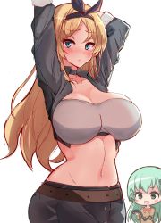 Rule 34 | 2girls, alternate costume, aqua hair, arms up, belt, black belt, black hairband, blue eyes, blush, breasts, cleavage, closed mouth, cropped jacket, eel, hairband, highres, jacket, kantai collection, kihou no gotoku dmc, large breasts, long hair, long sleeves, midriff, multiple girls, navel, nelson (kancolle), open mouth, race queen, red neckwear, simple background, skirt, suzuya (kancolle), white background