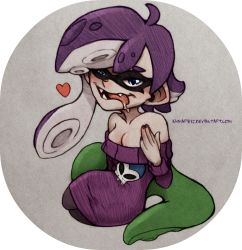 Rule 34 | 1girl, asymmetrical hair, bare shoulders, black pantyhose, blue eyes, breasts, cleavage, cosplay, dress, fangs, heart, heart-shaped pupils, highres, inkling player character, khmarie12, long hair, medium breasts, nail polish, nintendo, original, pantyhose, purple hair, purple nails, simple background, solo, splatoon (series), splatoon 1, sweater, sweater dress, symbol-shaped pupils, tentacle hair, tentacles, tongue, tongue out, zone-tan, zone-tan (cosplay)
