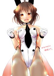 Rule 34 | 10s, 1girl, adapted costume, animal ears, bare shoulders, breasts, brown eyes, brown hair, brown pantyhose, cleavage, detached collar, double bun, fake animal ears, gloves, hair bun, highres, kantai collection, kashipam003, leotard, naka (kancolle), naka kai ni (kancolle), necktie, open mouth, pantyhose, playboy bunny, rabbit ears, solo, white gloves, wrist cuffs