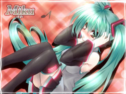 Rule 34 | 1girl, blush, detached sleeves, female focus, green eyes, green hair, hatsune miku, kamitsurugi ouka, long hair, matching hair/eyes, necktie, open mouth, skirt, solo, thighhighs, twintails, very long hair, vocaloid