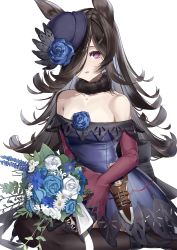 Rule 34 | 1girl, absurdres, animal ears, black thighhighs, blue dress, bouquet, bow, brown hair, dagger, dress, dress bow, flipped hair, flower, fur collar, hair over one eye, hat, hat flower, hat over one eye, highres, holding, holding bouquet, horse ears, knife, long hair, looking at viewer, lumium, off-shoulder dress, off shoulder, one eye covered, parted lips, purple eyes, rice shower (umamusume), sheath, sheathed, short dress, simple background, skin tight, solo, thighhighs, tilted headwear, umamusume, weapon, white background