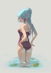 Rule 34 | 1girl, ass, ayaka (genshin impact), bare shoulders, blue eyes, blue hair, blunt bangs, breasts, genshin impact, hair ornament, hair ribbon, highres, light blue hair, long hair, looking at viewer, medium breasts, one-piece swimsuit, partially submerged, ponytail, ribbon, rikkusu, sidelocks, solo, swimsuit, thighs, tress ribbon, wading, water