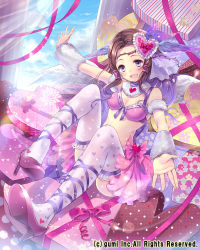 Rule 34 | 1girl, :d, ankle lace-up, blush, bow, box, brown hair, circlet, company name, cross-laced footwear, feathered wings, gift, gift box, hanekoto, head wings, heart, heart-shaped box, heart print, high heels, open mouth, outstretched hand, print thighhighs, purple eyes, ribbon, sitting, smile, solo, thighhighs, valentine, wings