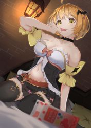 Rule 34 | 1girl, absurdres, bat hair ornament, bed, black thighhighs, blonde hair, blurry, breasts, brick wall, carton, choker, cleavage, collarbone, commentary request, depth of field, detached sleeves, fang, from below, hair ornament, highres, hololive, kneeling, mine tsukasa, navel, on bed, open mouth, pillow, skirt, solo, thighhighs, tongue, virtual youtuber, yellow eyes, yozora mel, yozora mel (1st costume)