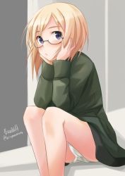 Rule 34 | 1girl, artist name, bad id, bad twitter id, bespectacled, black-framed eyewear, black jacket, blonde hair, blue eyes, blush, closed mouth, commentary request, crotch seam, erica hartmann, glasses, haruhata mutsuki, head rest, jacket, long sleeves, looking at viewer, panties, pantyshot, semi-rimless eyewear, short hair, signature, sitting, solo, strike witches, strike witches: suomus misfits squadron, twitter username, under-rim eyewear, underwear, white panties, world witches series