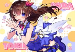 1girl ;d blue_bow blue_eyes blue_footwear blue_shirt blue_skirt blush bow brown_hair character_name commentary_request floating_hair gold_trim hair_bow hair_ornament hands_up hololive idol leg_up long_hair midriff neck_ribbon one_eye_closed open_hand open_mouth pink_bow pink_ribbon platform_footwear platform_heels pom_pom_(clothes) ribbon shirt signature skirt sleeveless sleeveless_shirt smile solo star_(symbol) star_hair_ornament thigh_bow tokino_sora virtual_youtuber wrist_cuffs zest_(lossol)