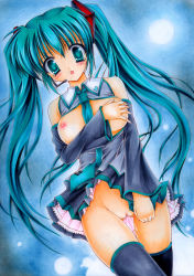 Rule 34 | 1girl, aqua hair, bad id, bad pixiv id, blush, breasts, censored, detached sleeves, hatsune miku, headset, long hair, mizuki chika, necktie, nipples, no panties, open mouth, pussy, skirt, solo, tears, thighhighs, traditional media, twintails, very long hair, vocaloid, zettai ryouiki