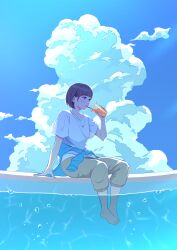 Rule 34 | 1girl, absurdres, blue eyes, brown hair, clothes around waist, cloud, cumulonimbus cloud, cup, day, disposable cup, drinking, drinking straw, highres, jacket, jacket around waist, juice, nap on a cloud, orange juice, outdoors, pool, shirt, short hair, soaking feet, summer, t-shirt, white shirt