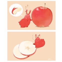 Rule 34 | ..., 2koma, apple, apple rabbit, apple slice, betrayal, chai (drawingchisanne), comic, commentary request, food, food art, fruit, imagining, looking at viewer, no humans, original, rabbit, red apple, signature, simple background, spoken ellipsis, star (symbol), thought bubble
