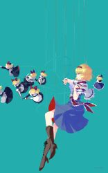 Rule 34 | 1girl, alice margatroid, alice margatroid (pc-98), artist name, blonde hair, blue background, character doll, grimoire of alice, highres, holding, holding sword, holding weapon, long hair, looking to the side, medium hair, puppet, shee take, signature, solo, string, sword, touhou, touhou (pc-98), weapon